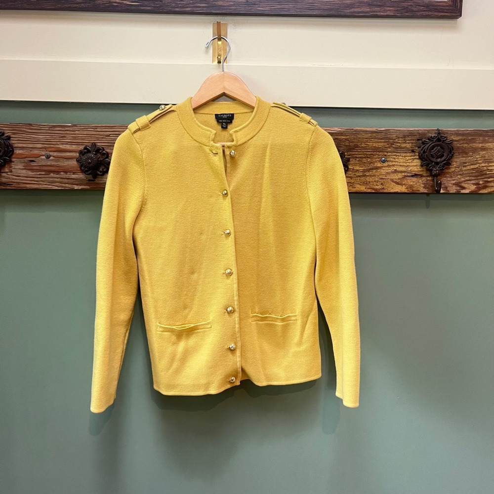 Talbots Petites Merino Wool Cardigan Mustard Yellow Gold Button Military Mp